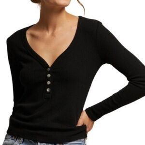 Hard Tail Black Long Sleeve Henley Top with Gray Button Down Trim